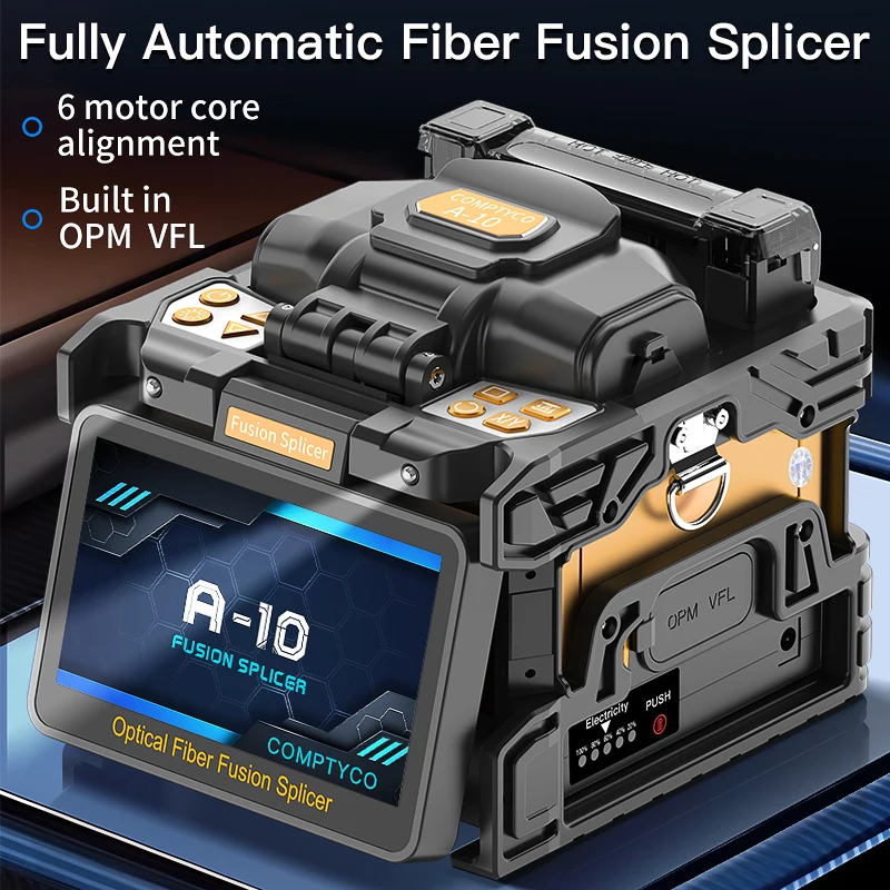 A-10 Six Motors Fully Automatic Fiber Fusion Splicer 10 Languages Touch Screen Fiber Optic Hot Melt Machine Built-in VFL OPM