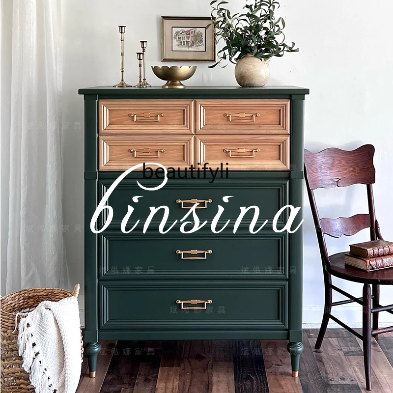 French retro solid wood chest/medieval style locker/green storage cabinet