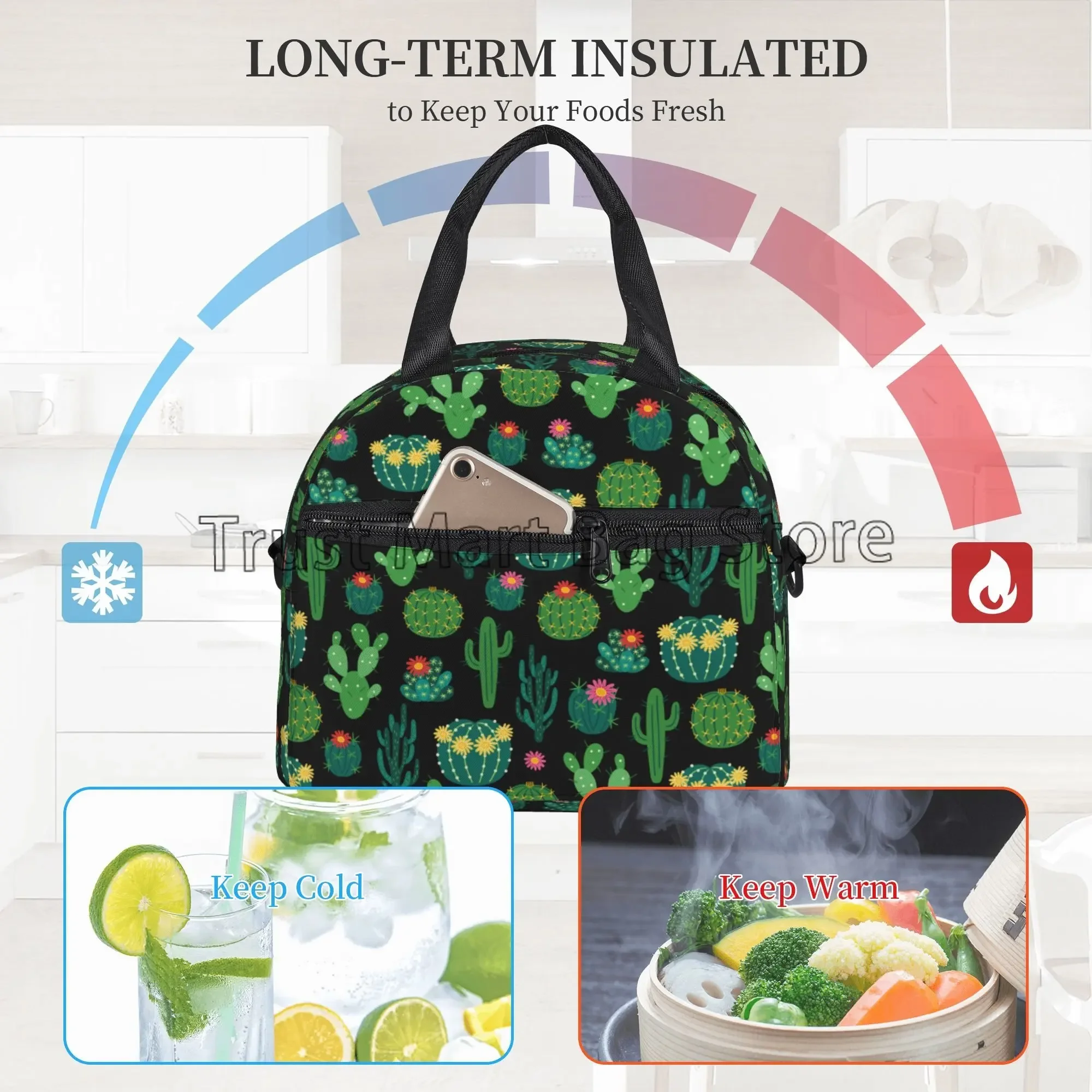 Fresh Blooming Cactus Green Floral Thermal Lunch Bag with Adjustable Strap Insulated Cooler Tote for Work Picnic Travel Beach