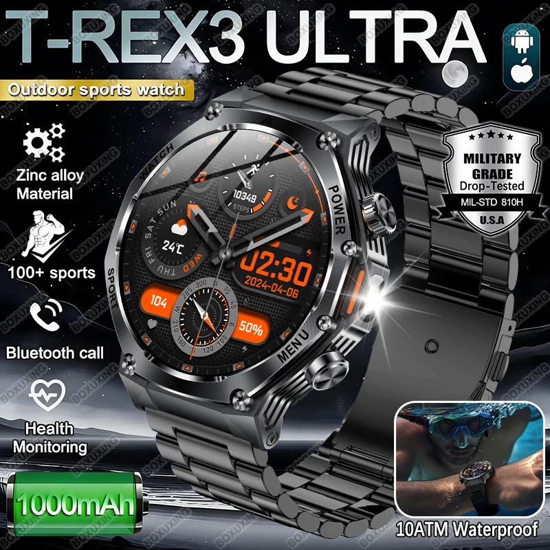 

2026Новые военные умные часы T-Rex 3 Ultra для мужчин, аккумулятор 800 мАч, 10 АТМ, водонепроницаемый фонарик, пульсометр, спортивные умные часы для фитнеса