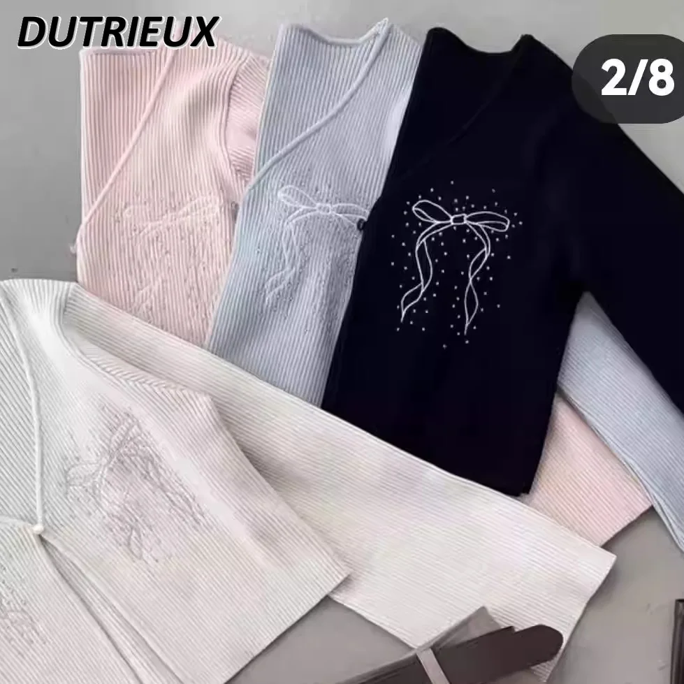 Spring and Autumn New Embroidered Bow Sweet Girl One Button Cardigan Solid Color Versatile V-Neck Short Knitted Sweater