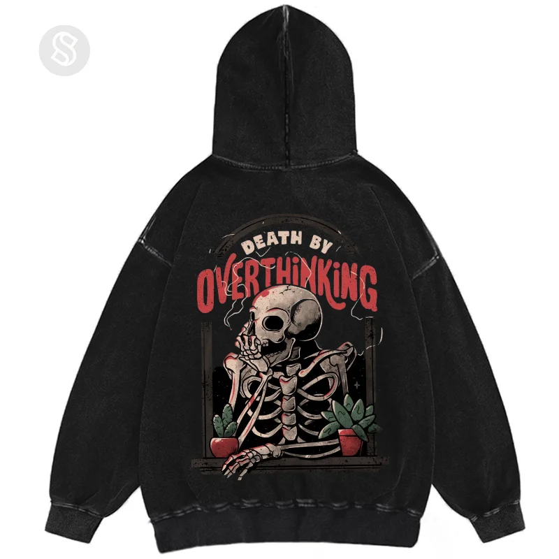 Washed Hoodies For Men, Overthing Skull Man Graphic Print Streetwear Men's clothing, 100% Cotton Long Sleeve Hooded Sweatshirts
