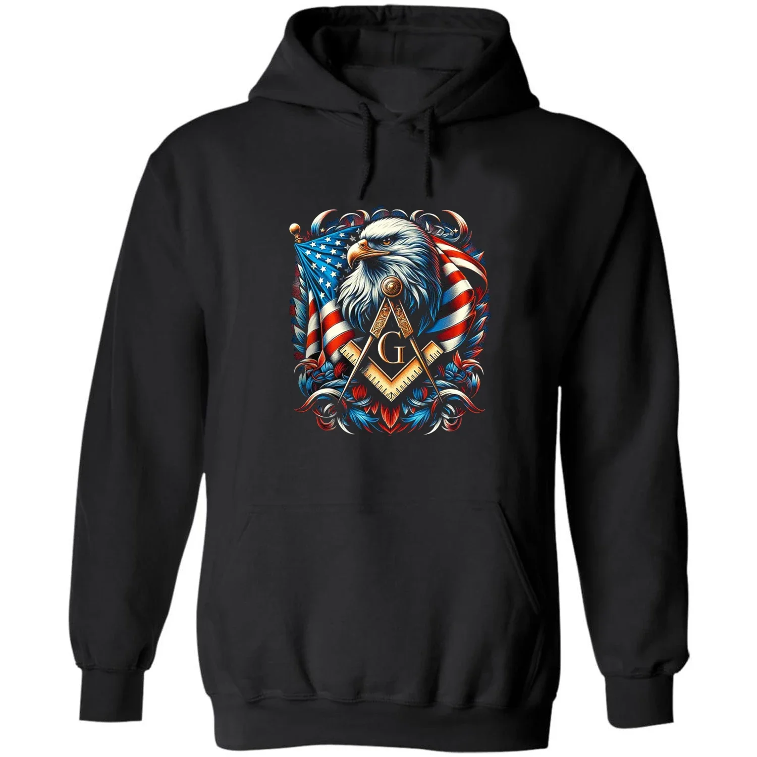 USA Flag Bald Eagle Freemason Square & Compasses Symbol Masonic Pullover Hoodie Comfortable Cotton Casual Mens Sweatshirt