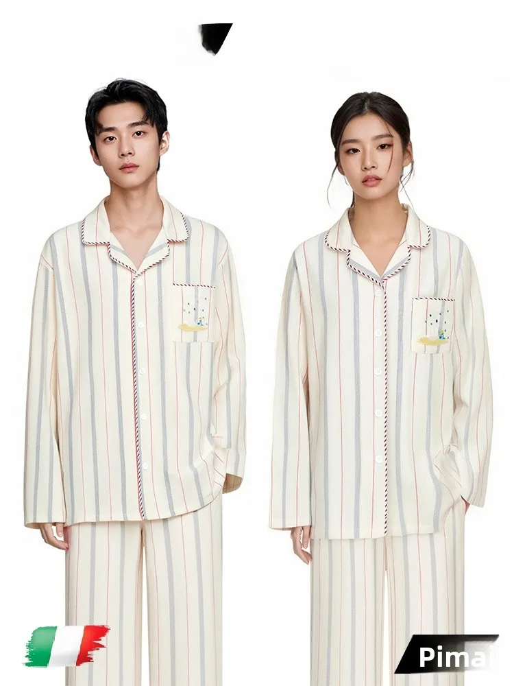 PinkBread Couples Sleepwear Thickened Pure Cotton Flocking Warm Spring Autumn Home Clothes Striped Long Sleeve Loungewear