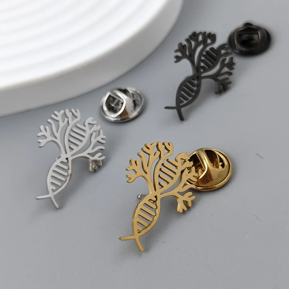 316L Stainless Steel 18K Gold Plated DNA Tree Lapel Pin Science Genetic Symbol Hollow Brooch Suit Collar Pin Jewelry Gift