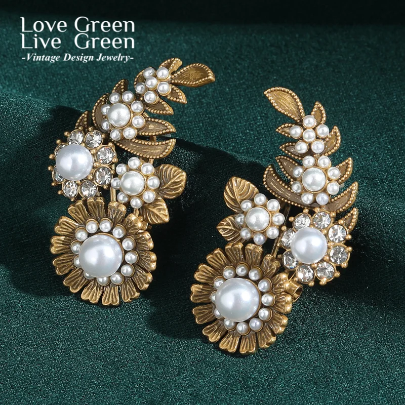 

Vintage Pearl Earrings Gold Color Antique Feather Stud Jewelry Accessories For Women Wedding Engagement Evening Party 2025 New
