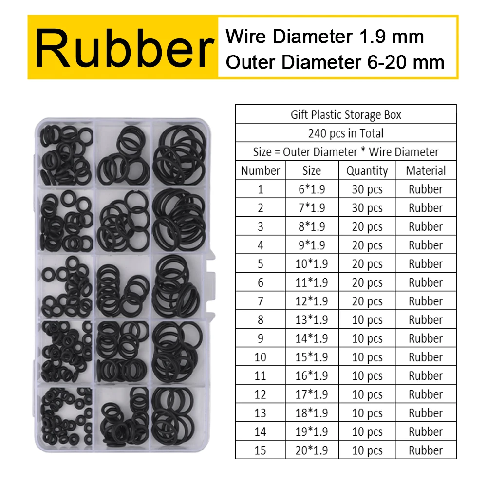 

Wire Diameter 1.9mm NBR Rubber O Ring Oil Resistance O-Ring Washer Gasket Seals Assortment With Plastic Box Kit Set