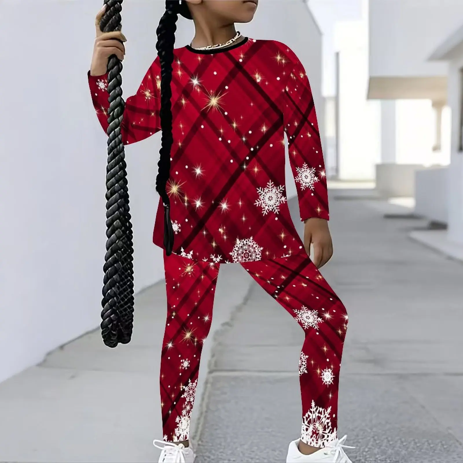 Winter Christmas Jogging Pants Girls Print Long Sleeve Round Neck Top Cute Two-Piece Daily Casual T-shirt Autumn Leggings