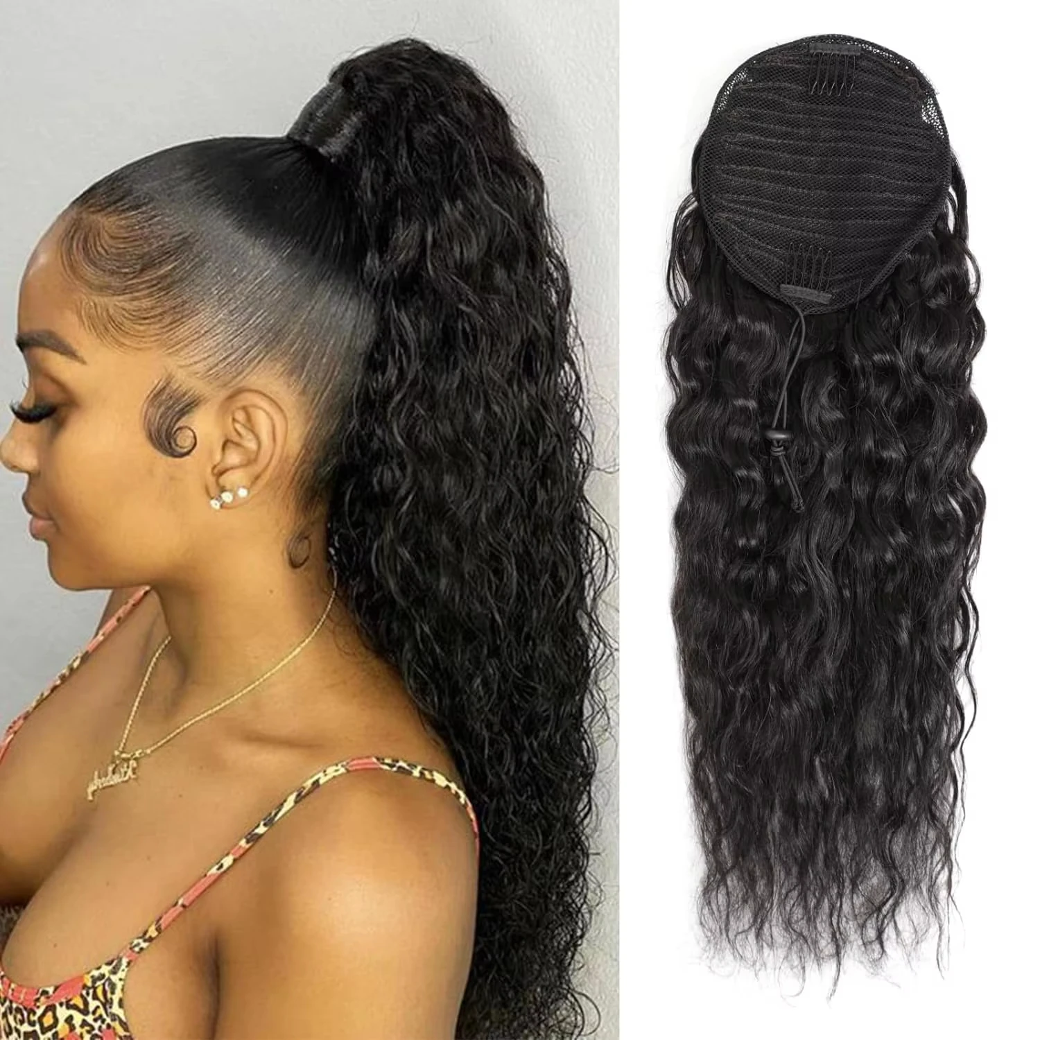 

100% Human Hair Drawstring Ponytail Extension Water Wave Ponytail Clip in Ponytails Extensions