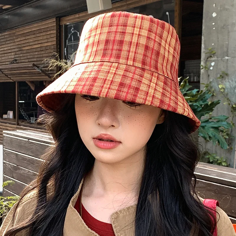 

Double-sided Wear Fisherman's Hat Women's Casual Versatile Niche Bucket Hat Vegetarian Face Sweet Basin Hat Plaid