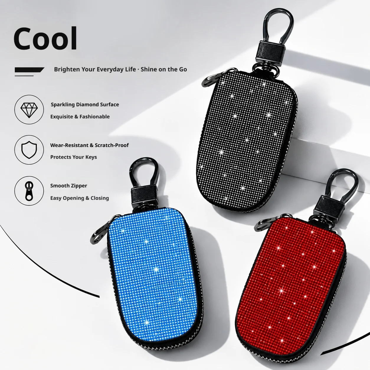 Exquisite Diamond-Encrusted Car Key Case, Car Key Cover, Men's and Women's Keychain PU Leather Bag with Shiny Diamond Surface