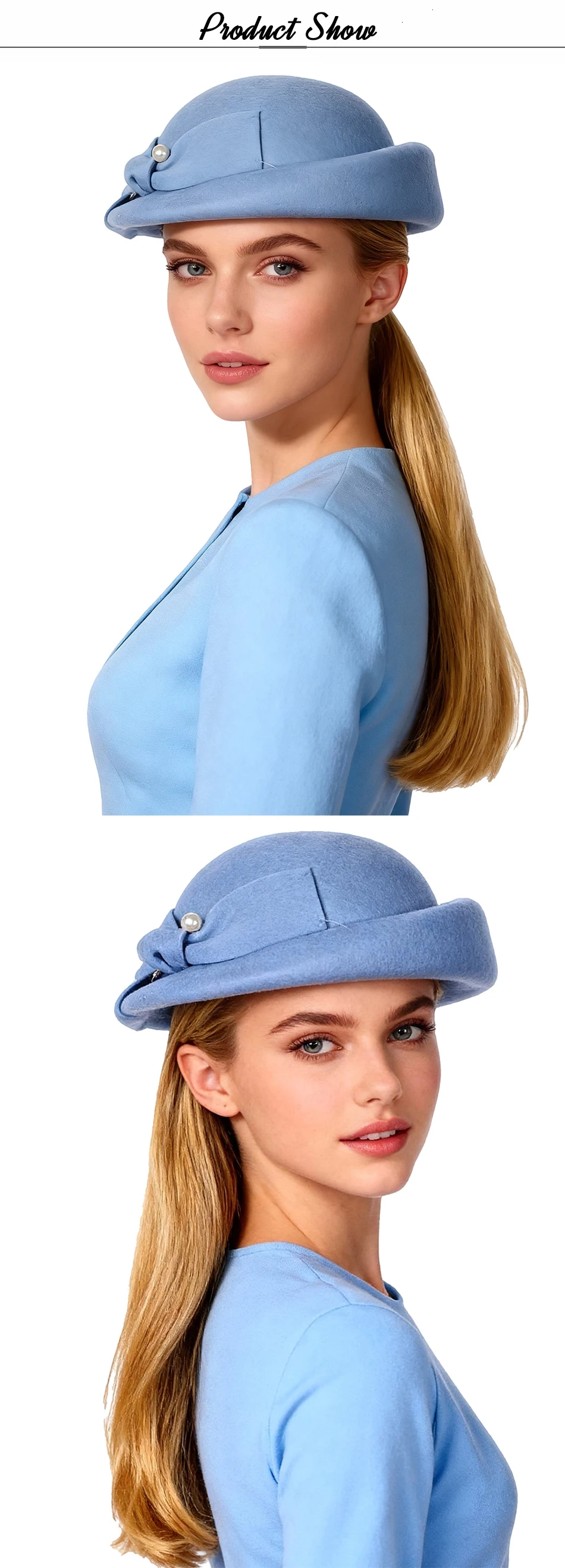 FS Luxuriöser Wollhut für Damen, eleganter blauer Teeparty-Fascinator mit Schleife, Winter-Vintage-Fedora, Chapeau Femme – Detail 1