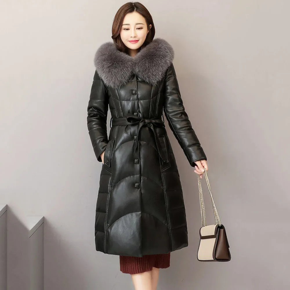 Winter Haining Fashion Fur Female Imitation Fox Fur Collar Temperament Long Hooded Warm Cotton-padded Jacket Slim Slimming  Coat