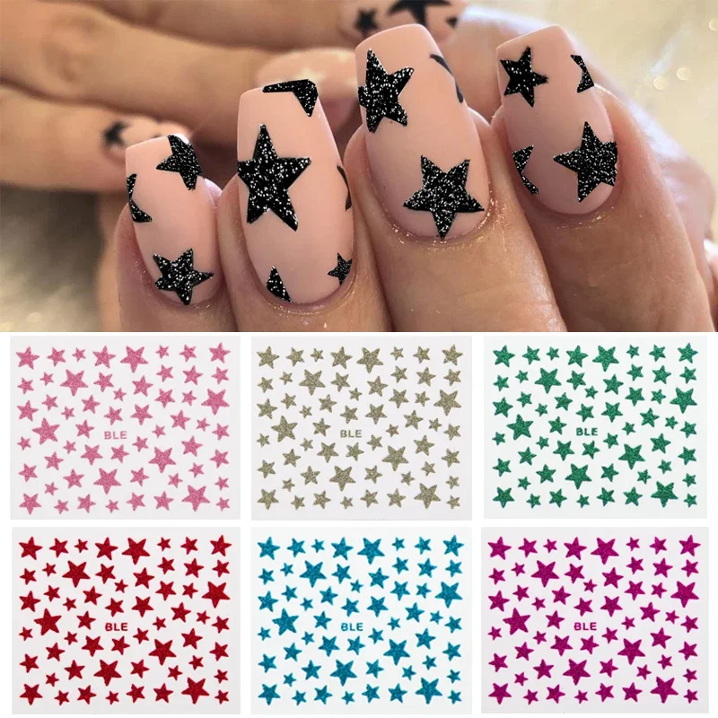 Nail Stickers 3D Nail Slider Sterren Stickers Glitter Shiny Decoratie Decal Diy Transfer Lijm Kleurrijke Nail Art Tips Manicure