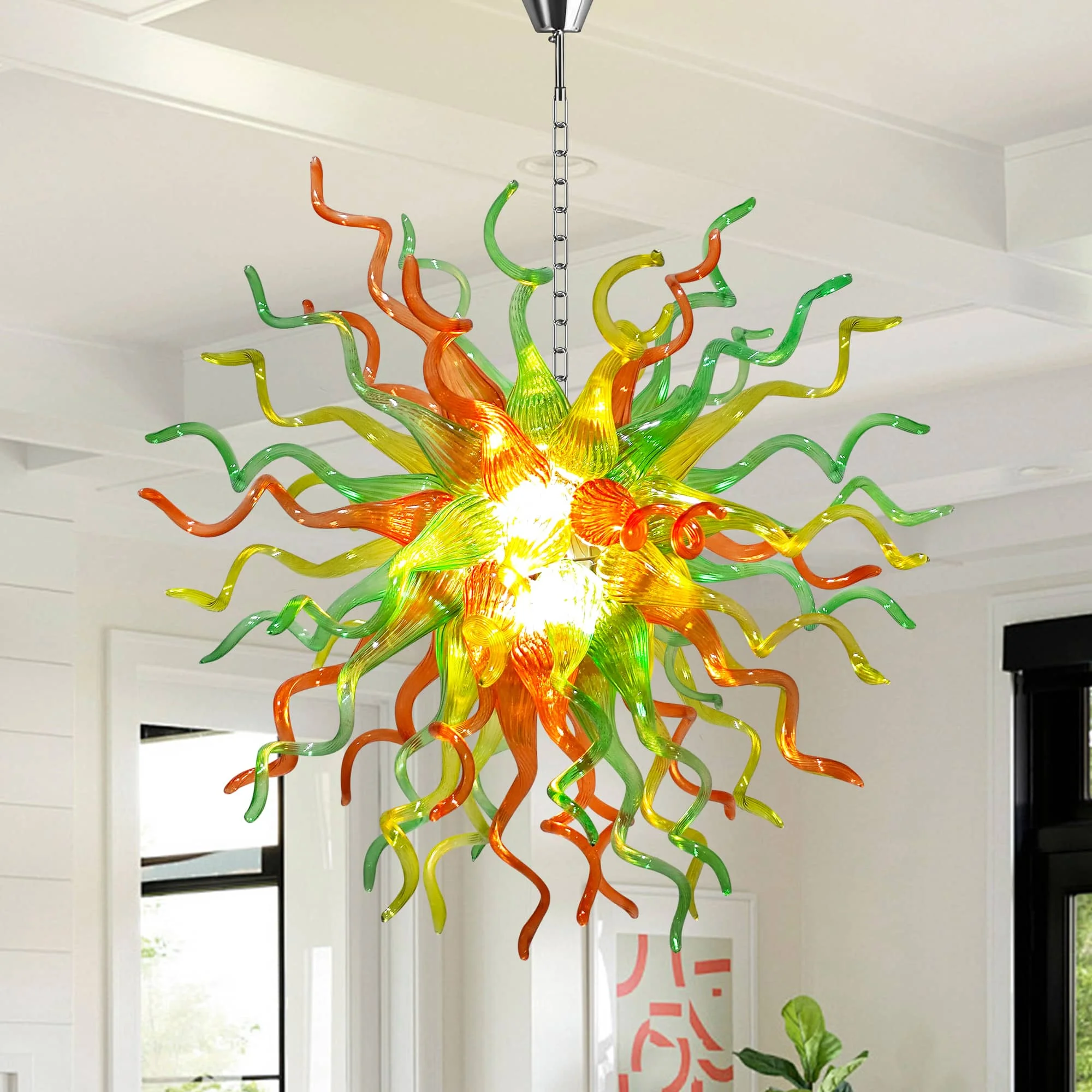 

LONGREE Hand-Blown Glass Chandelier, Orange Green Yellow Artistic Light Fixture, Chihuly Style Art Decor, Home Living Room