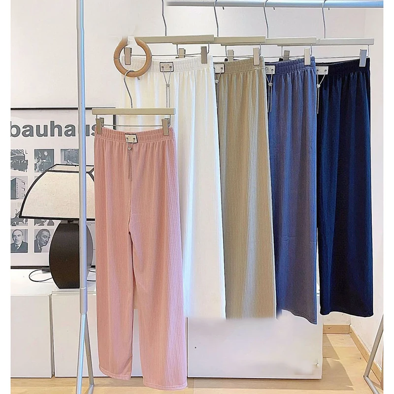 Autumn Women Straight Pants High Waist Casual Pants Solid Color Elastic Waist Trouser Chain Ankle-Length Pant Sweet Pink Girls