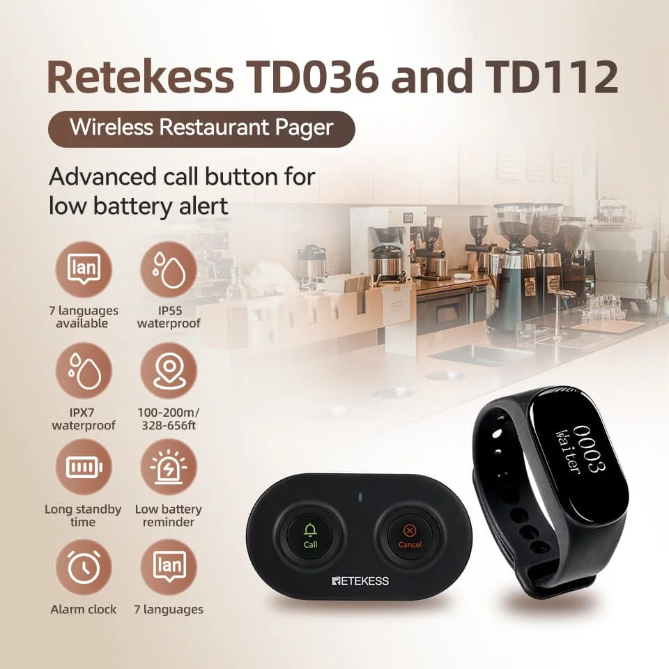 Imagem -02 - Retekess-wireless Restaurante Chamando Sistema Impermeável Assista Pager Botões de Chamada para Cafe Bar Atendimento ao Cliente Td112 Pcs Td036