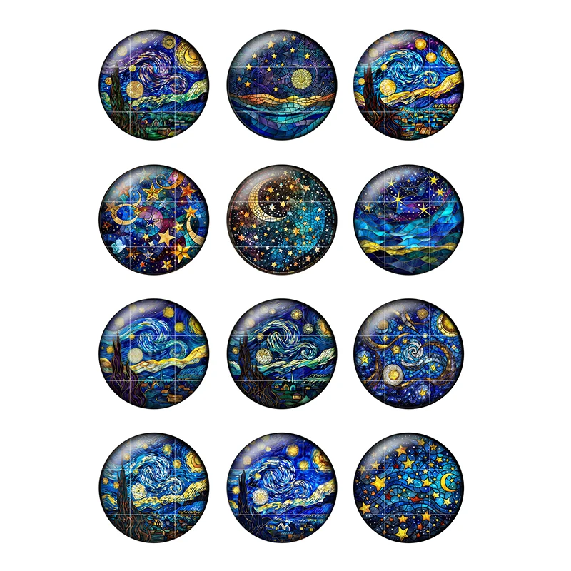 24pcs Round Glass Cabochons 8mm-25mm Blue Starry Sky Stars and Moon Art Patterns DIY Jewelry Making Findings & Components H316