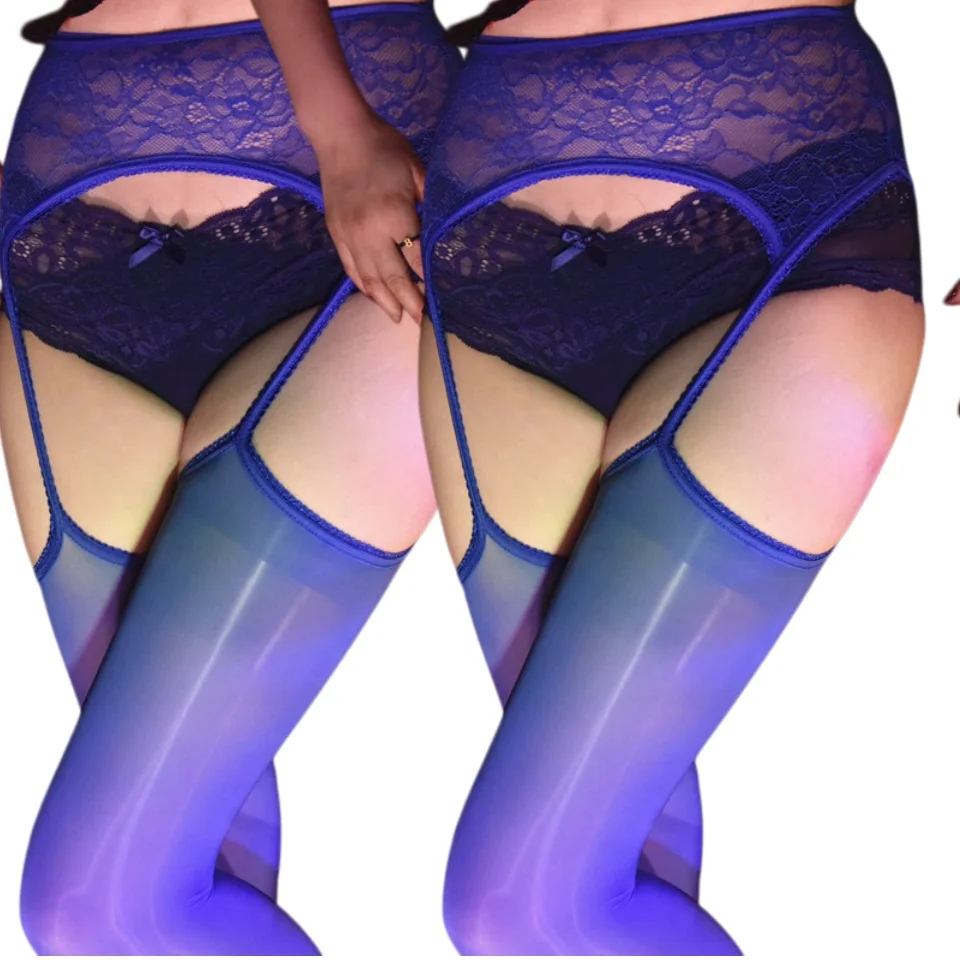 2Pcs Women 8D Oil Shiny Sheer Pantyhose Lace Strap Bodystocking 4-Way Open Crotch Hollow Out Tights Ultra-Thin Silky Stockings