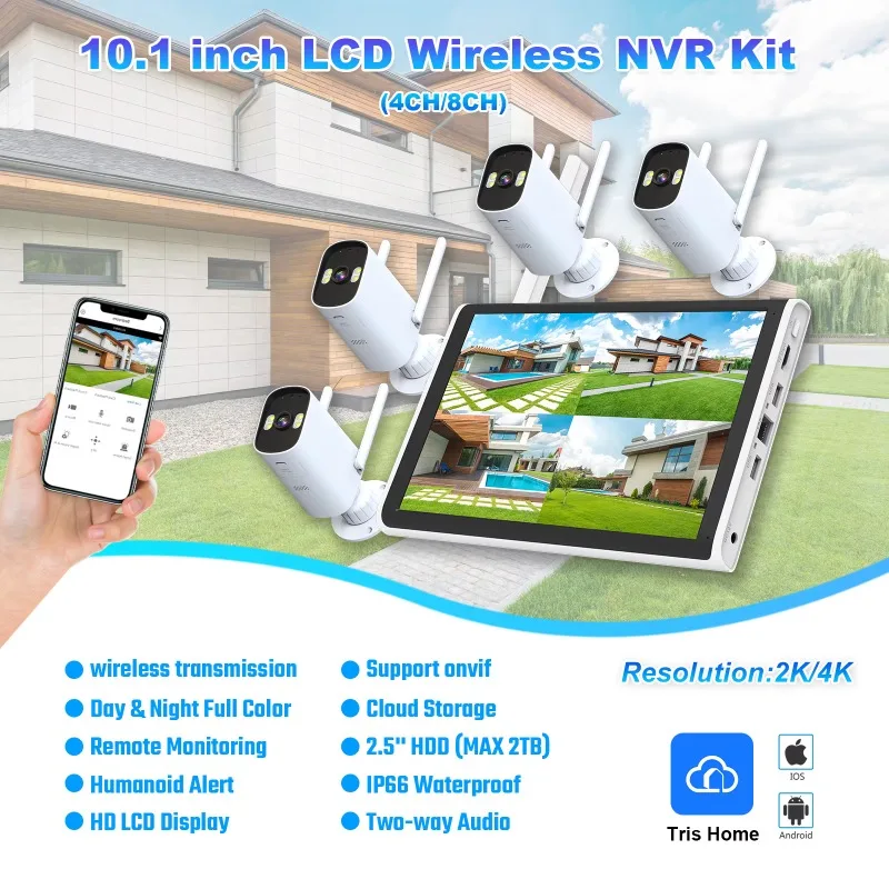 10.1 Inch LCD 4K Outdoor Wireless NVR CCTV WiFi Camera Kits Auto Human Motion Tracking IP66 Waterproof & IR Color Night Vision