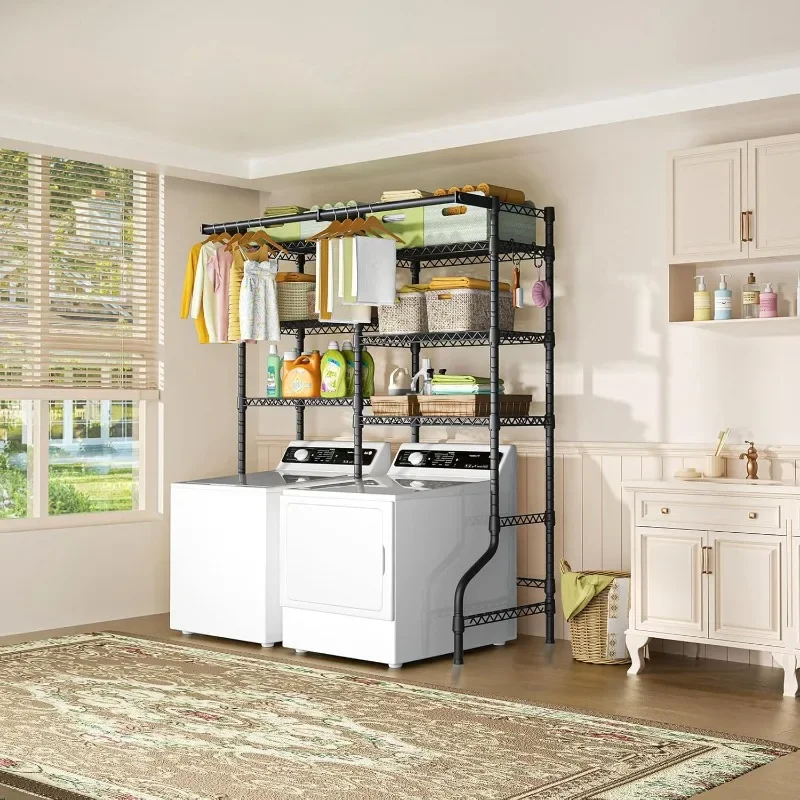 رف تخزين علوي للغسالة/المجفف باللون الأسود بستة طبقات - 2 قضبان شماعات، قابلة للتعديل، شديدة التحمل، مقاومة للصدأ، موفرة للمساحة #6