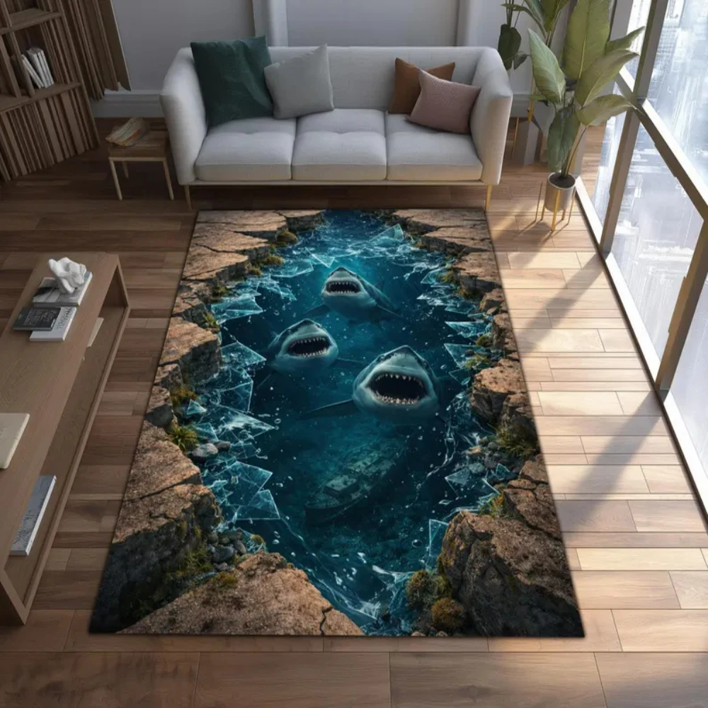 3D Illusion Shark Breaking Ice Print Area Rug for Living Room Decor 2D Falt Non Slip Ocean Themed Floor Mat for Bedroom Sofa