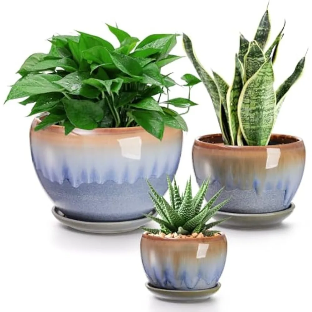 avla 3 pack ceramic plant pots, gardening drip glazed planters, decorative flower pot with drainage hole and saucer, round rusti