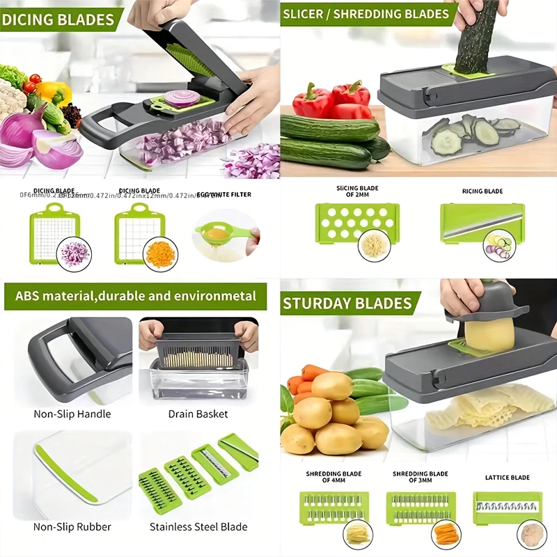 Picadora de verduras multifuncional 16 en 1, picadora de cebolla con mango, rejilla de alimentos, picadora de alimentos, rebanadora de verduras de