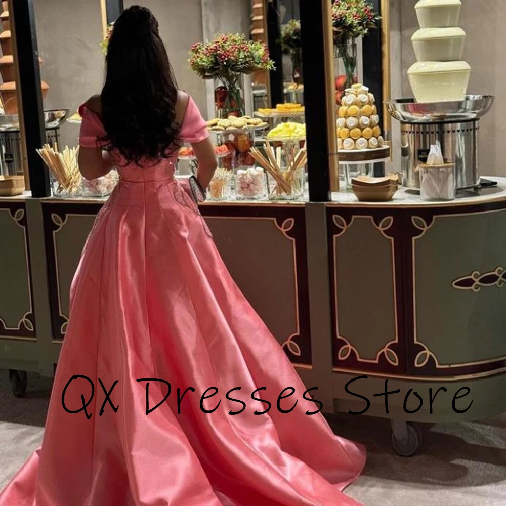 Customized Pink Fashion Boat Neck Satin Evening Dress A-line Sequined Appliques Draped Floor Length Elegant Party Dress Luxury