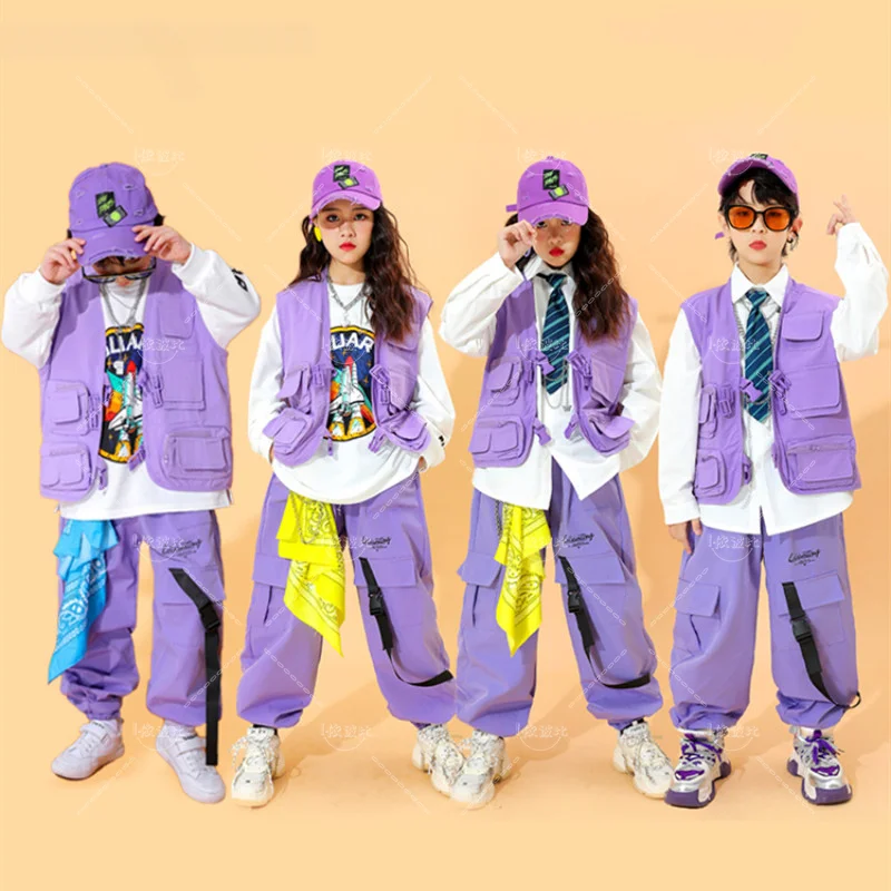 

Children Hip Hop Purple Vest Cargo Pants Girls Streetwear Boys Street Dance Joggers Kids Jazz Costumes Fashion Clothes Sets