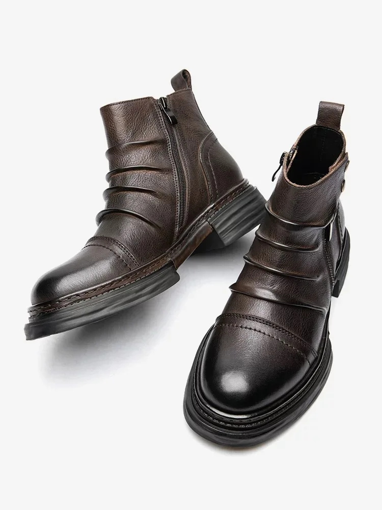 

Retro Wrinkle Design Mature Men's Motorcycle Riding Boots Successful Business Man Formal Dress Shoes Suit