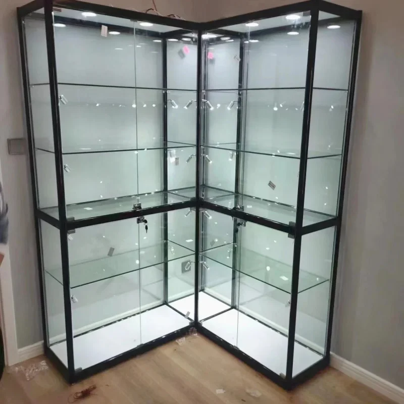 custom.Hot Sale Aluminium Wall Showcase Tempered Glass Display Cheap Smoke Shop Showcase with LED Light and Shelves