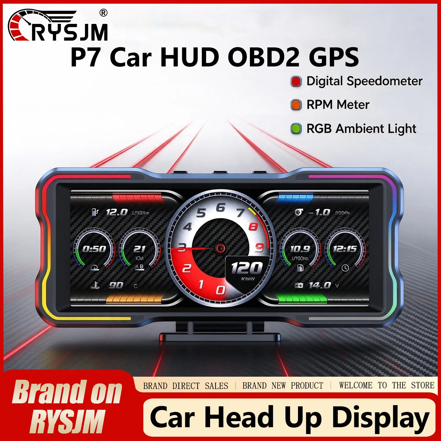 P7 New GPS OBD2 Car Head Up Display Smart Racing HUD Gauge Speed RPM Water Temp Turbo Press Voltage Meter with RGB Ambient Light