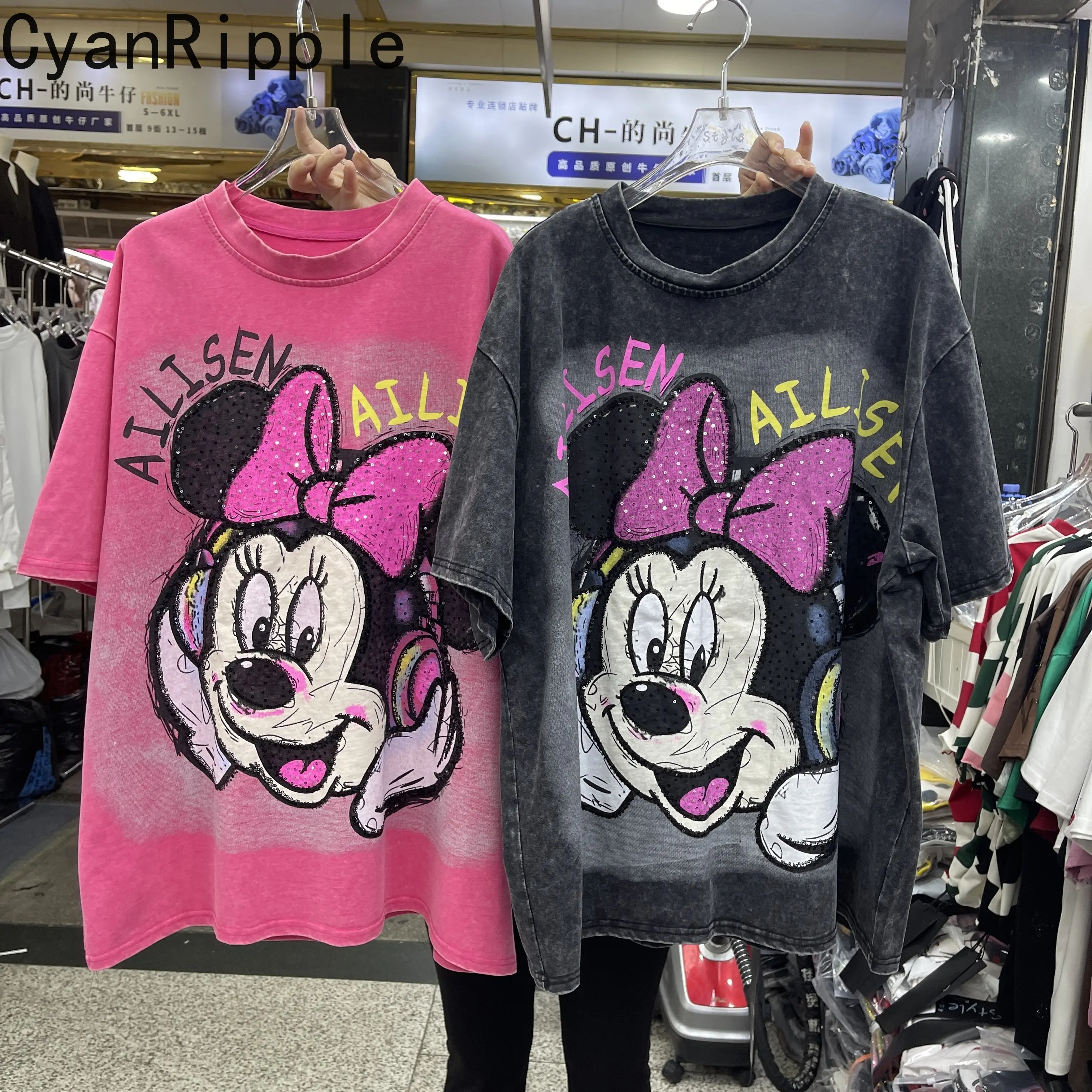 

2026 New Spring Summer Age Reduction Rose Pink Short Sleeve T-shirt Sequins Cartoon Loose Round Neck Pullover Top Students Tees