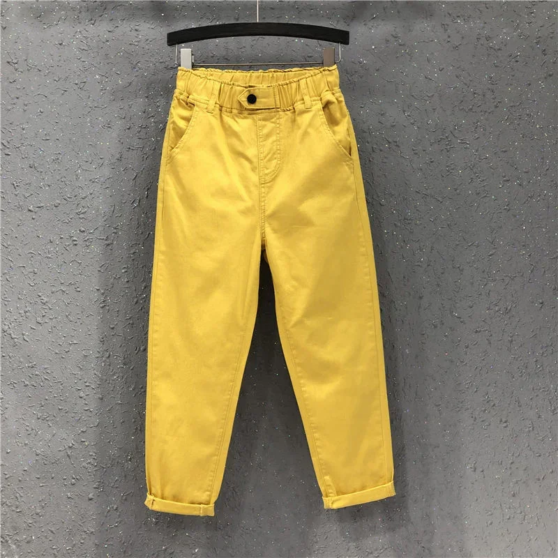 

2024 New Summer Women Harem Pants All-matched Casual Cotton Denim Pants Elastic Waist Yellow White black Jeans