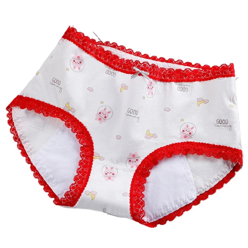 Pure Cotton Women's Physiological Underwear Mid-waist Printed Menstrual Anti-side Leakage Underwear Lace Edge Leak-proof Pants