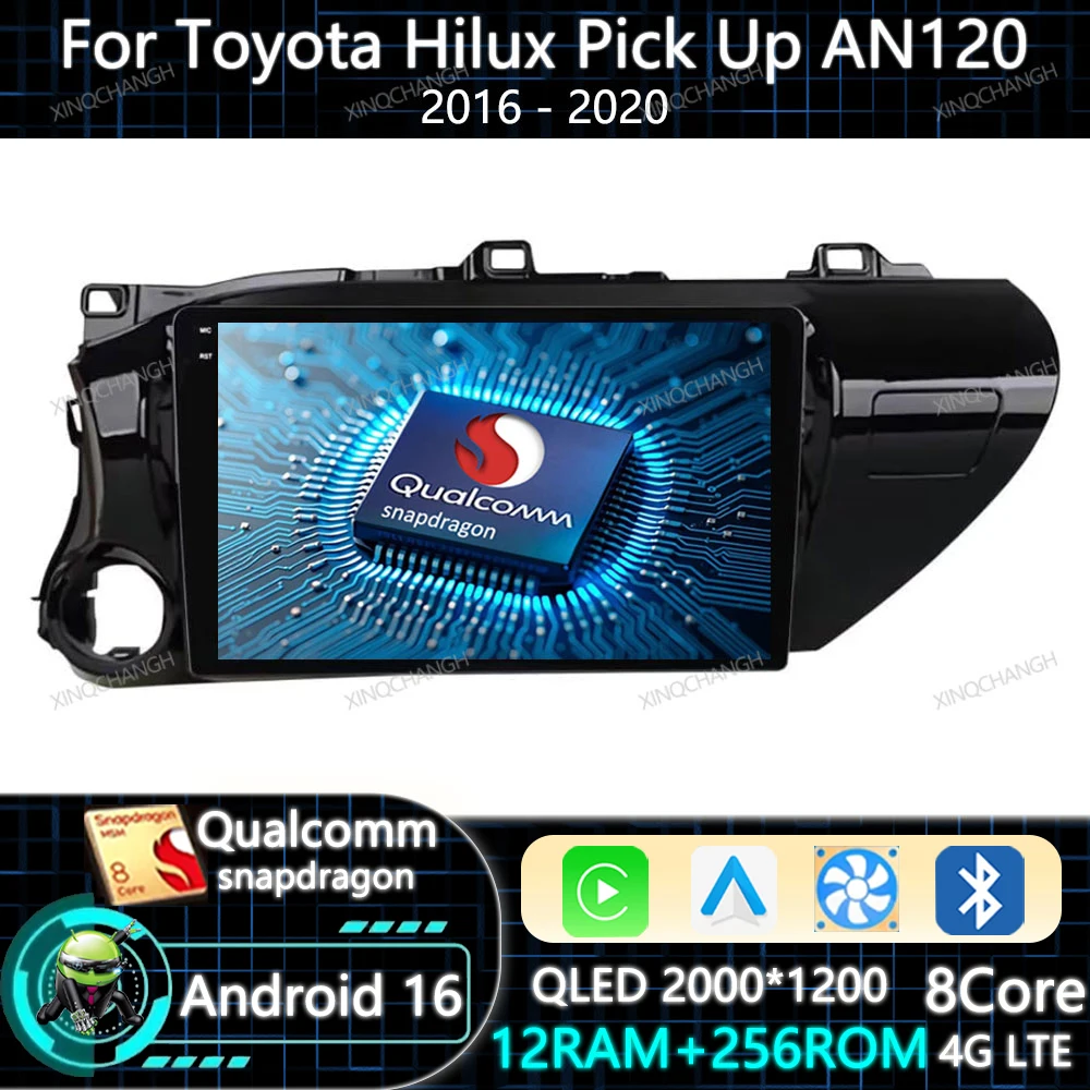 Android 16 Car Radio Carplay Auto For Toyota Hilux Pick Up AN120 2016 - 2020 Navigation 4G WIFI Multimedia Video Player BT QLED