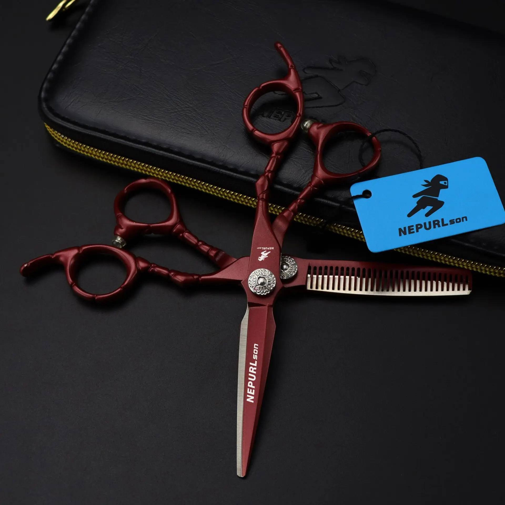 NEPURLSON 6.0-inch red hair scissors - flat hair cutting shears with thinning function