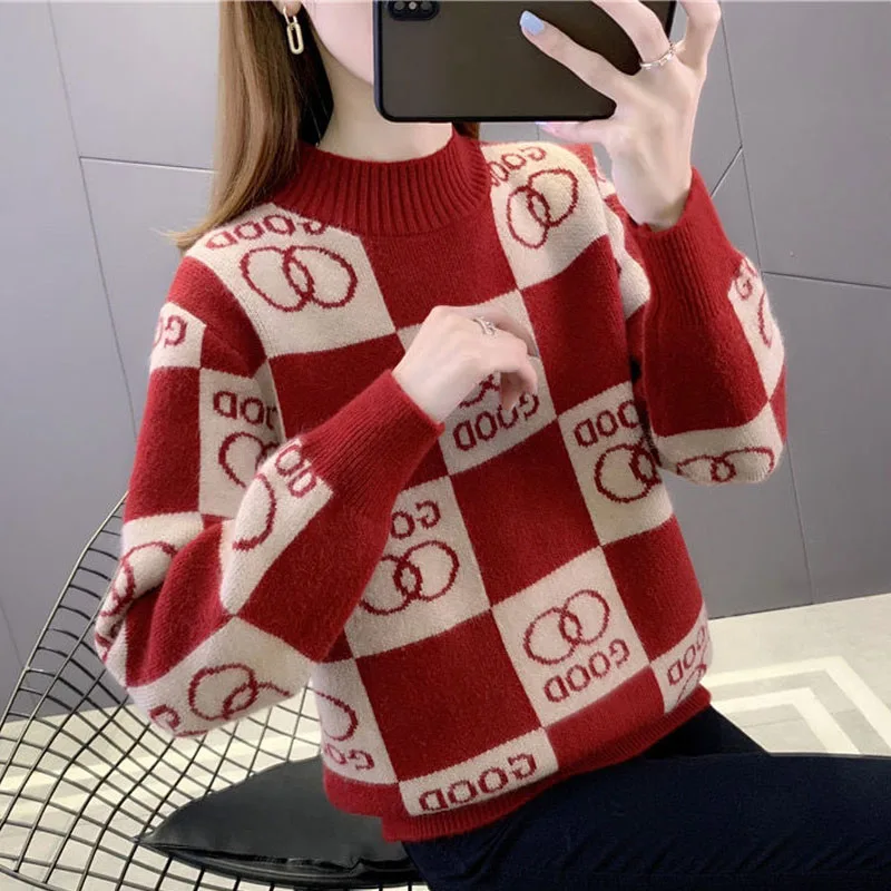 Autumn and Winter Fashion Trends Half High Collar Colored Jacquard Loose Versatile Casual Western Style Women\'s Knitted Sweater