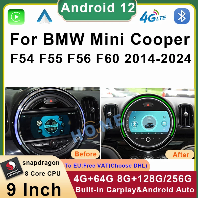 

Автомагнитола Carplay, 9 дюймов, Android 12, для BMW Mini Cooper, видеоплеер, GPS-навигация, F54 F55 F56 F60 2014-2024, 4G, Wi-Fi