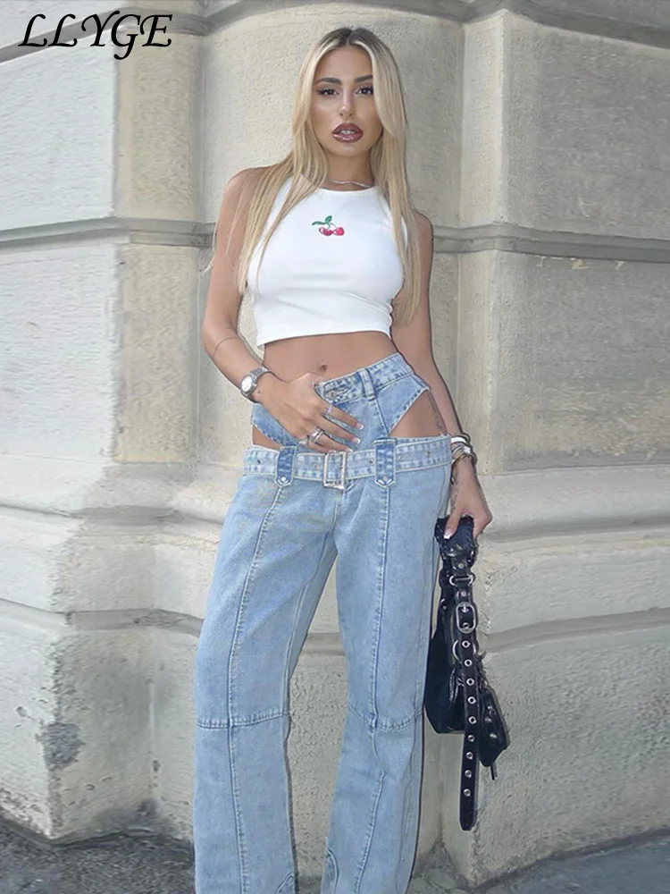 

Sexy Hollow Out Patchwork Long Denim Pants Women Solid Loose Bandage Button Wide Leg Trouser 2025 Summer Chic High Street Jeans