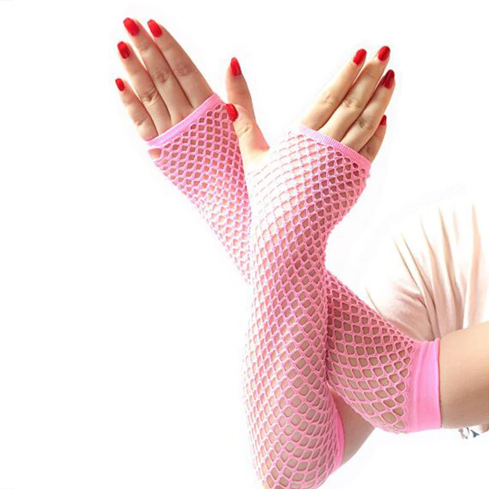 1Pair Fashion Lace Mesh Gloves Sexy Fishnet Fingerless Long Gloves Party Arm Sleeve For Women Colorful Neon Fingerless Gloves