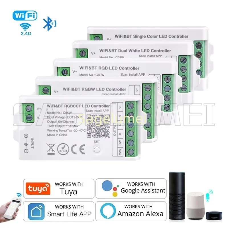 

C01/02/03W Tuya WiFi LED Controller Home Voice Control RGB RGBW CCT LED Strip Smart Controller APP BT RF Remote 2.4G DC12V-24V