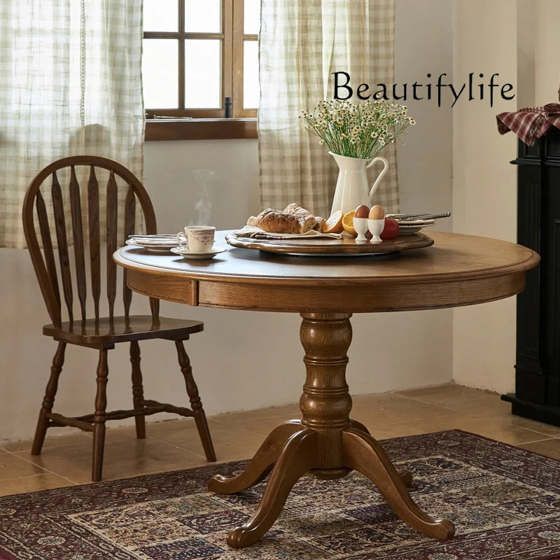 

American rural retro round table solid wood home dining table simple small apartment table log turntable