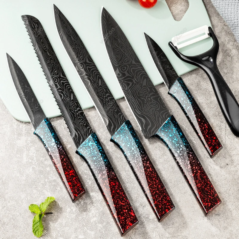 7pcs Kitchen Knife Set Gift Box Black-grained Meat Vegetable and Fruit Knife Set with Melon Planer Chopping Board for Home Use