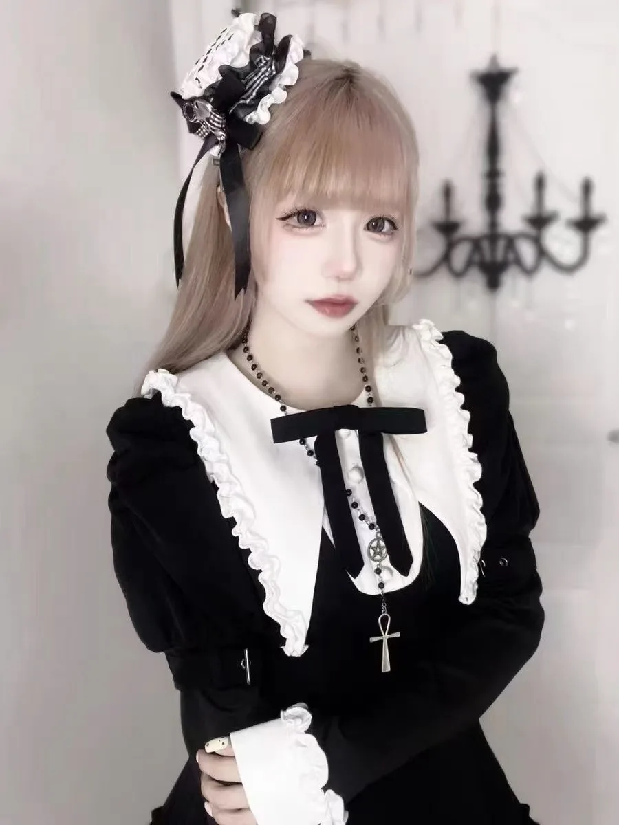 Subcultura y2k meninas rendas headwear gótico preto e branco verificação babado organza esqueleto pequeno chapéu acessórios para o cabelo