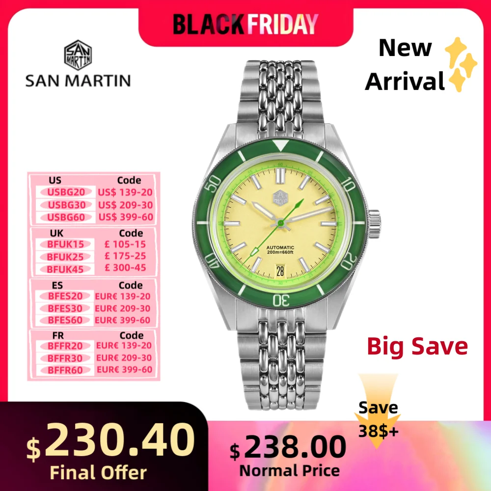 San Martin 39,5mm estilo fruta bisel de zafiro moda NH35 reloj de buceo mecánico para hombres reloj de pulsera 20Bar Montres Auto SN0116B