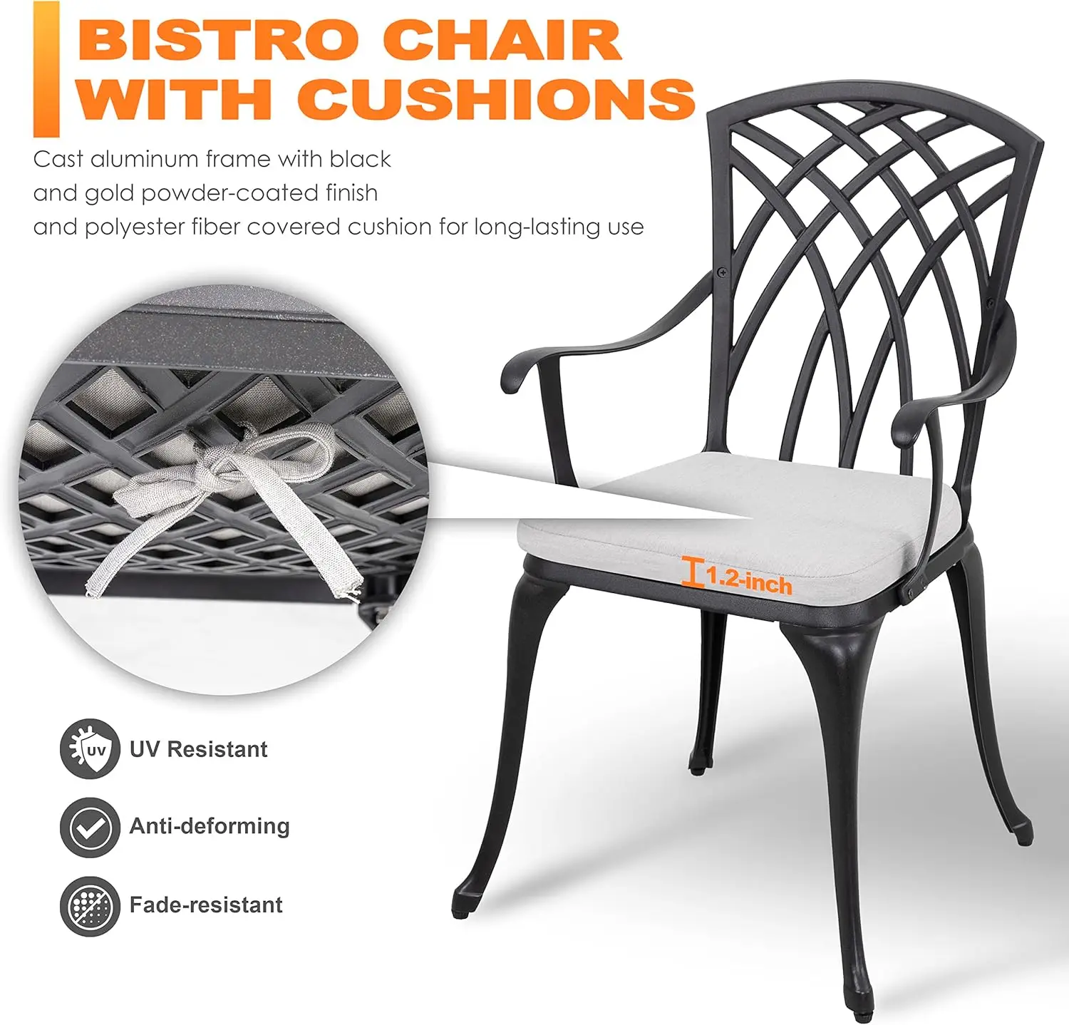 Outdoor Cast Aluminum Bistro Set, Mesa Pátio e Cadeiras, Conjunto de 2 com Umbrella Hole, Cinza Almofadas, 3 PCs