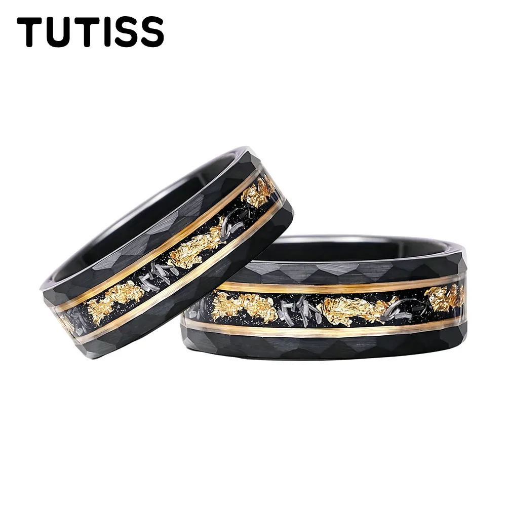 

8MM Black Hammered Tungsten Carbide Ring Inlaid Meteorite Gold Foil Men's Wedding Bands Fashion Jewelry,Engagement Promise Ring