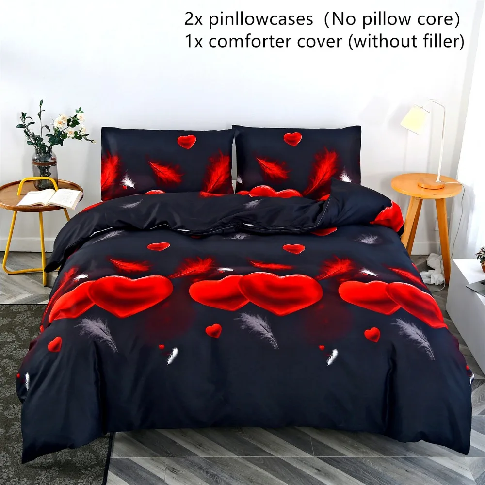 

3pcs Black Bedding Set Red Heart Love 3D Print Cozy Duvet Cover King Queen Twin Size Birthday Gift for Adult Bedroom Decoration